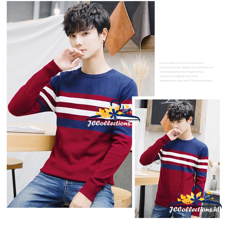 Sweater Rajut Pria Korea style Variasi Strip Oneck Leher O Albert - JCCollections