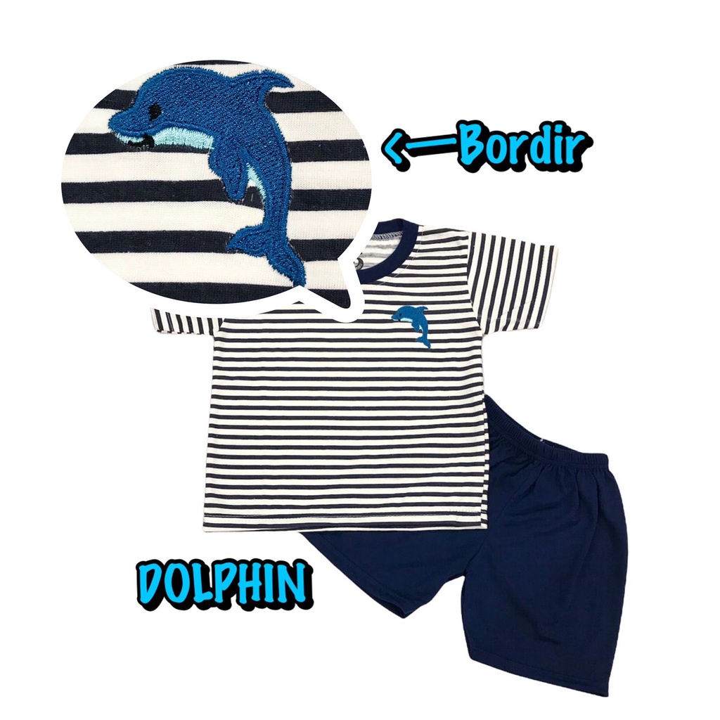 (1 KG MUAT 9 STEL) BAJU SETELAN PENDEK FASHION ATASAN CELANA OBLONG ANAK LAKI-LAKI/COWOK BAHAN KAOS KATUN BORDIR SALUR DOLPHIN/LUMBA-LUMBA