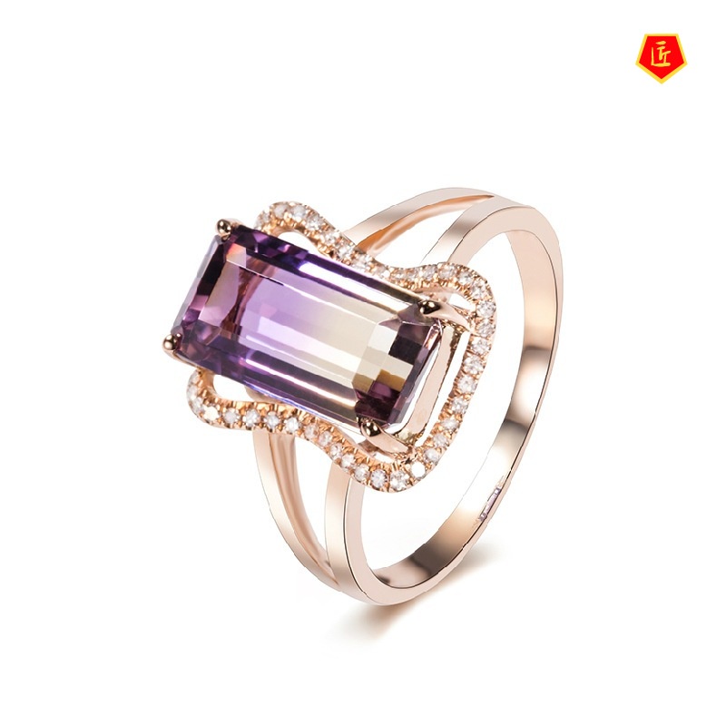 [Ready Stock]Ametrine Tourmaline Colored Gems Women's Ring 18K Rose Gold Elegant Fashion