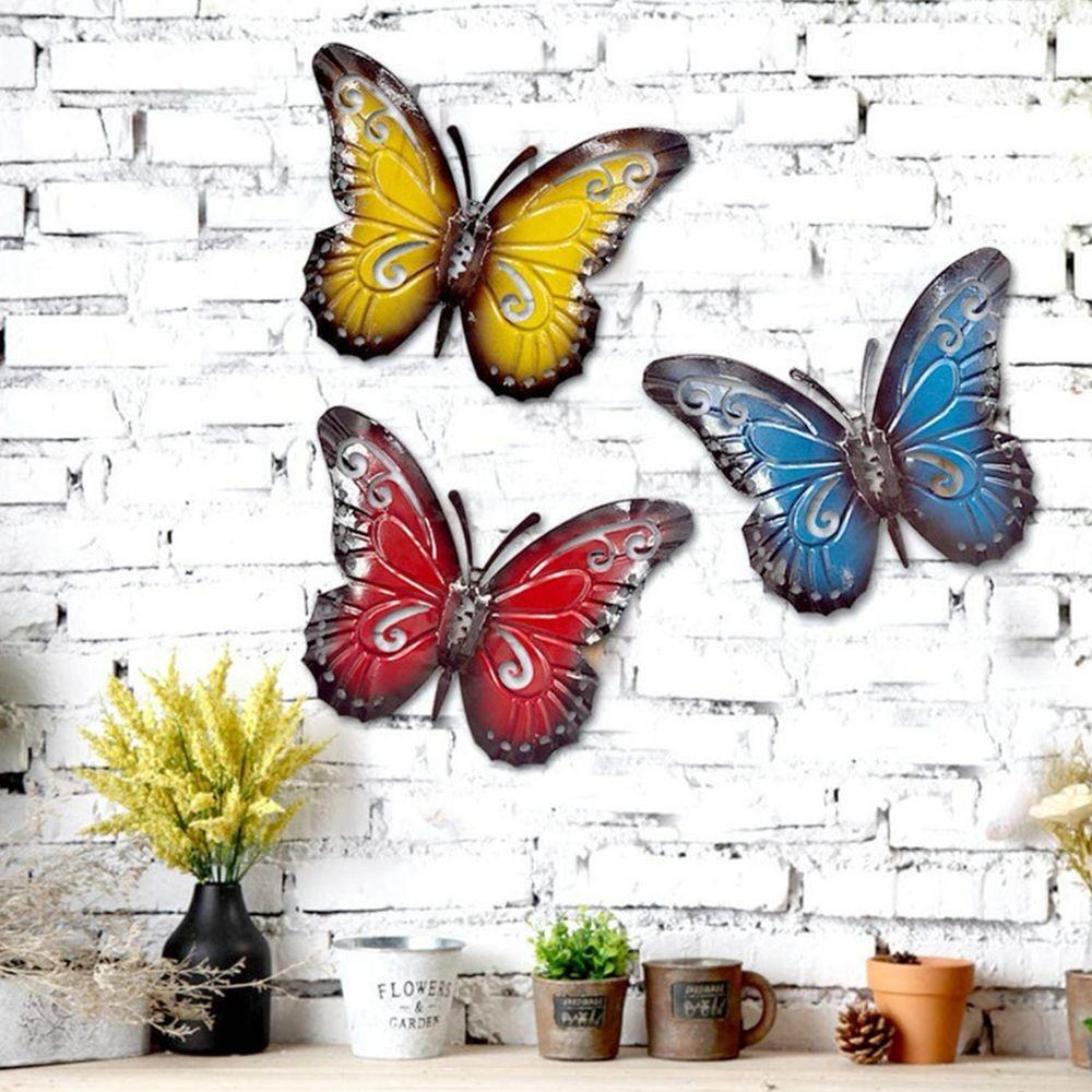 Populer 3Pcs /Set Kupu-Kupu Hiasan Dinding Ornamen Taman Logam Wall Art