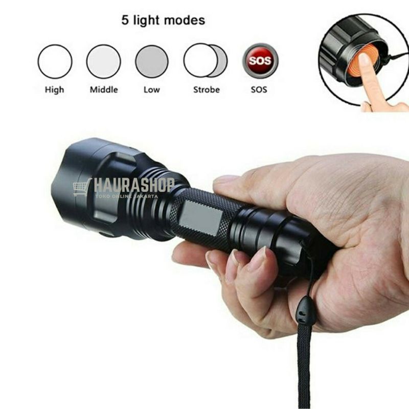 TaffWare C8 1 Paket Senter LED Flashlight Waterproof Cree Q5 3800 Lumens Anti Air Super Terang