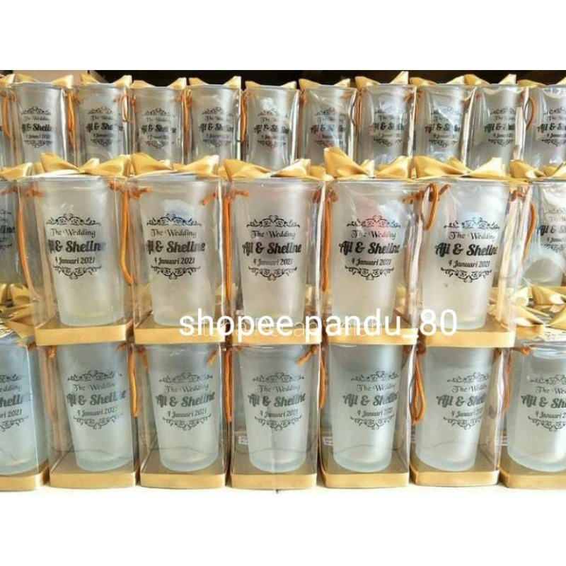 SOUVENIR PERNIKAHAN GELAS KACA DOVE SABLON CUSTOM GELAS TINGGI 10CM PLUS KEMASAN
