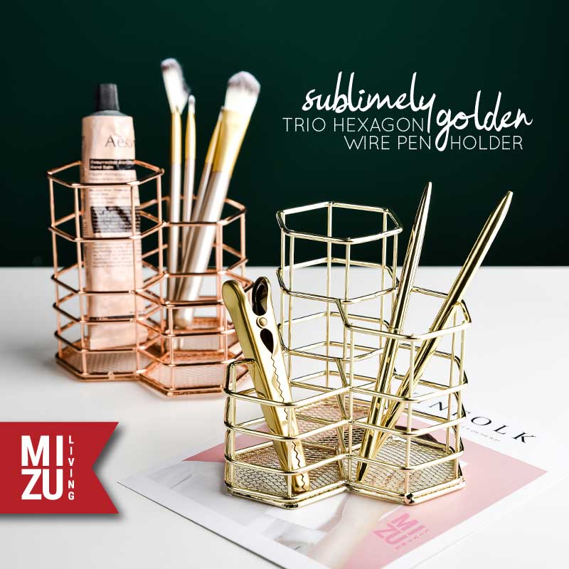 SUBLIMELY GOLDEN TRIO HEXAGON Wire Pen Holder Pencil Stationery Tempat Pensil Alat Tulis Emas