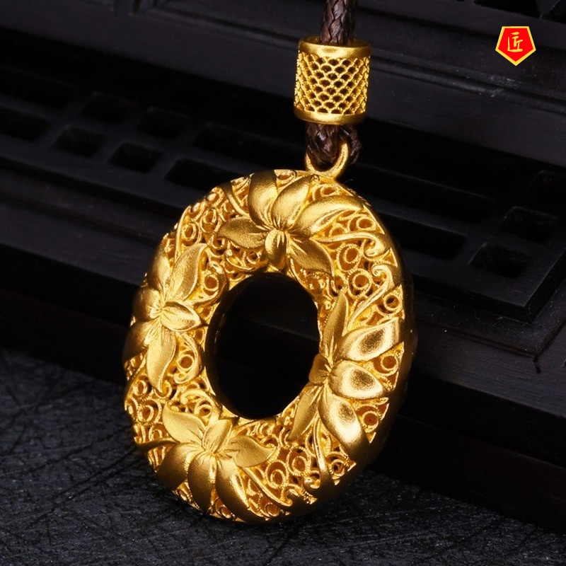 [Ready Stock]Lotus Peace Buckle Hollow 3D Gold Pendant Women's Fashion Necklace