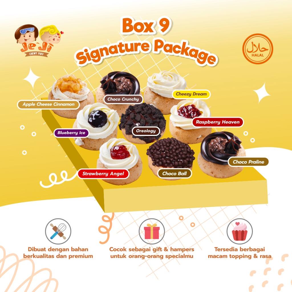 

Roti Kue Donat Bomboloni Jeji Chewy Donut Box Signature Package Isi 9 Sus Soes Kering Blueberry Ice Cheezy Dream Apple Cheese Cinnamon Choco Crunchy Ball Praline Strawberry Angel Raspberry Heaven Halal