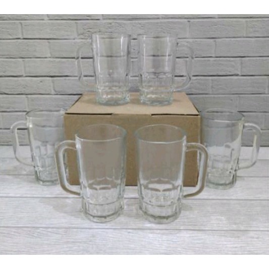 [ 6 Pcs } Enam Pcs Gelas Jempol - Gelas Gagang Besar - Gelas Kaca Beling - Gelas Warteg / Es / Beer