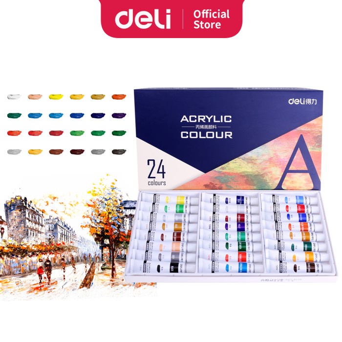 

(DISKON TERMURAH) Deli 24 colors acrylic paint paste delicate and the brush 73858