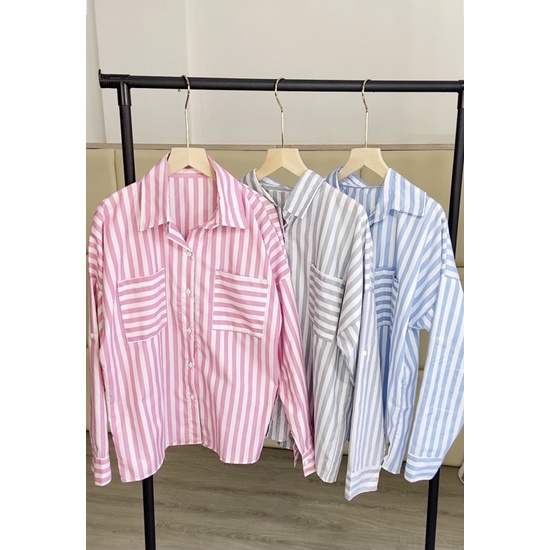 kemeja stripe twopocket/ kmj twopocket / kemeja korea salur LD 110/ kemeja fashion wanita motif salur