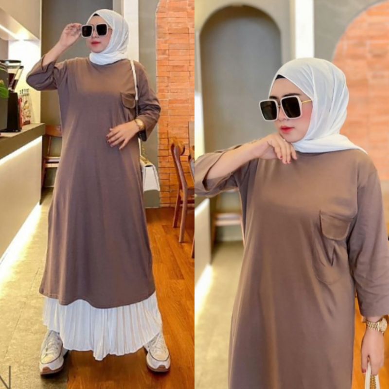 LONG TUNIK POLOS SAKU MODEL RAN KEKINIAN SIZE JUMBO DAN STANDAR COMBED 20S