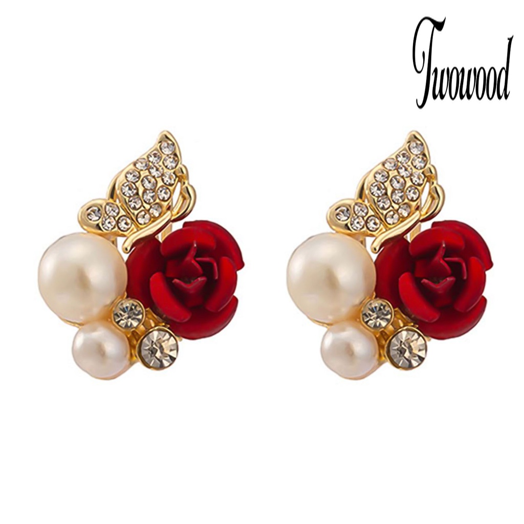 Anting Stud Desain Bunga Mawar Merah Aksen Mutiara Tiruan Bahan Alloy Untuk Hadiah