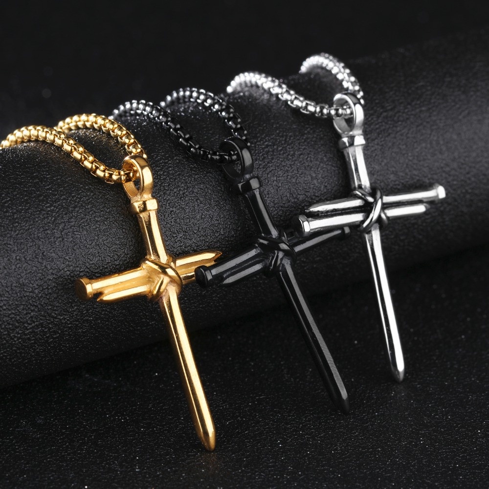 Titanium Stainless Steel Cross Liontin Kalung Emas Perak Warna Hitam