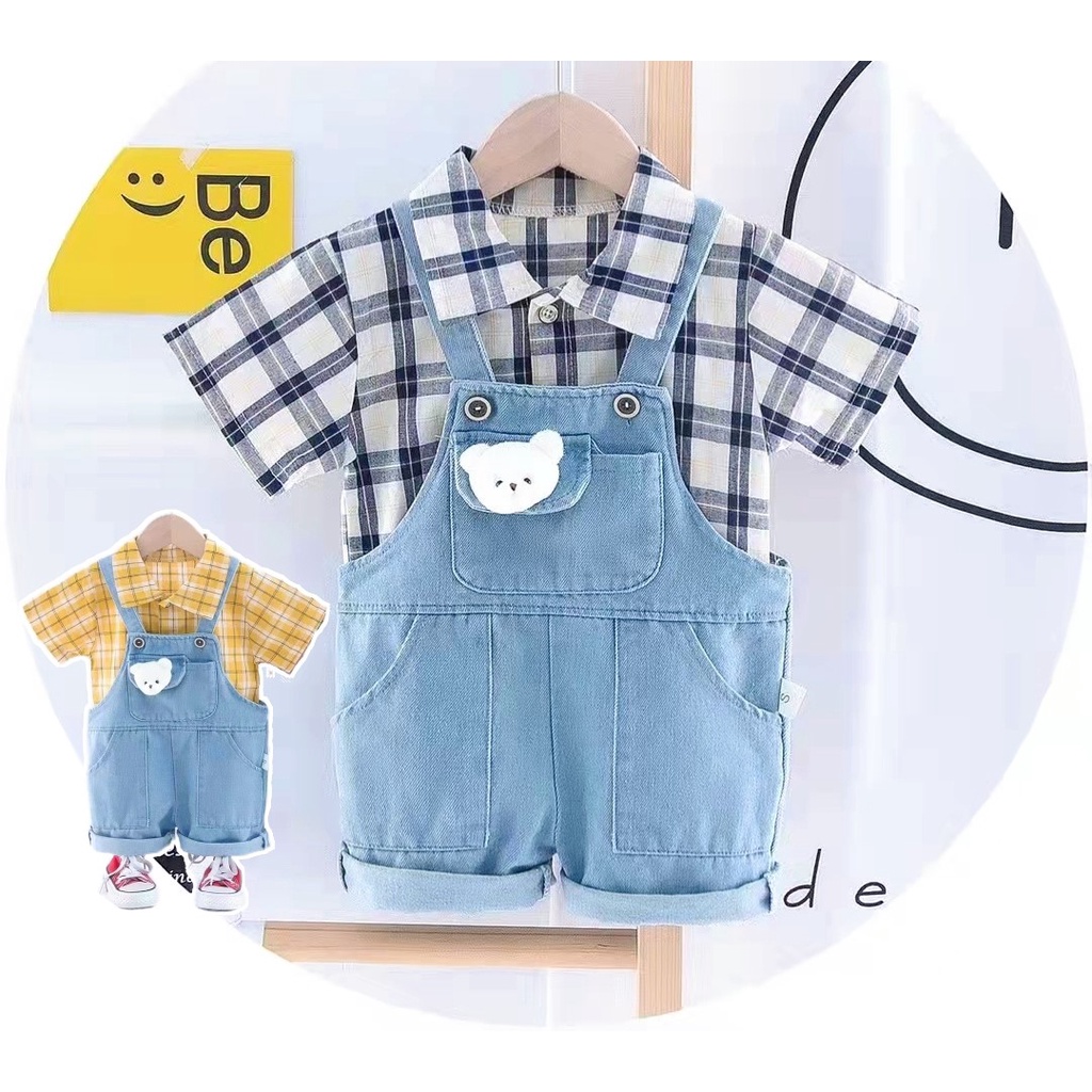 Setelan Import Korea Baju Kodok Jeans + Kemeja Anak Laki-Laki Umur 1-4 Tahun Size S-XL