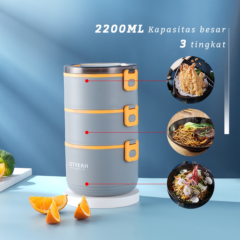 Letyeah &amp; Anantagt kotak makan bulat plastik 3 susun 2200ml portable/lunch box set anti tumpah tetap hangat Free sendok