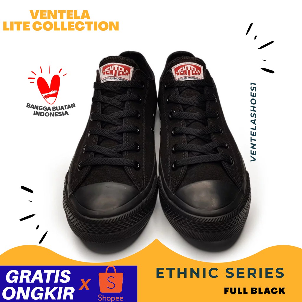 Sepatu Pria Ventela Ethnic Sneakers Sekolah Hitam Polos Cewek Cowok Vantela Ori Original 100%