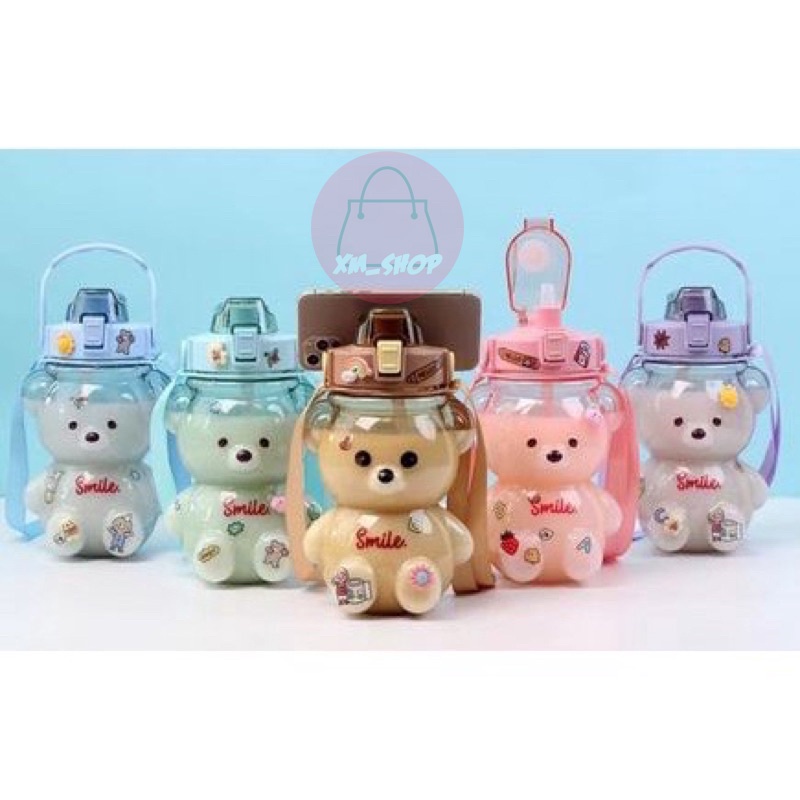 BOTOL MINUM BERUANG BENING 1000 ML BEAR SMILE LUCU FREE STIKER 2D&amp;3D