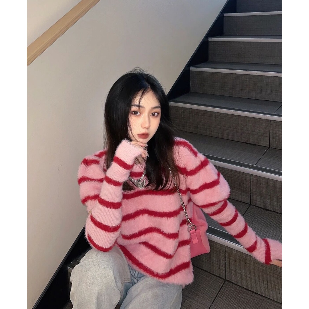 NICO##SWEETER RAJUT WANITA/BAJU RAJUT WANITA LENGAN PENDEK/SETELAN ATASAN LONGGAR LENGAN PENDEK WANITA SWEATER RAJUT BERGARIS PINK LEMBUT