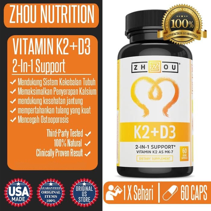 Vitamin K2 D3 Zhou Nutrition Tulang Jantung Otot 100 Original