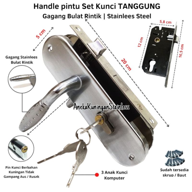 handle pintu kunci set / handle pintu set / kunci pintu rumah ukuran tanggung kotak rintik