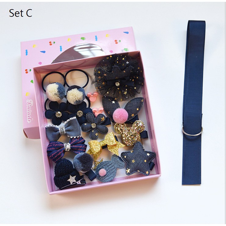 (1 set 18 pcs) Satu set aksesories rambut anak /  satu set jepit dan ikat rambut anak