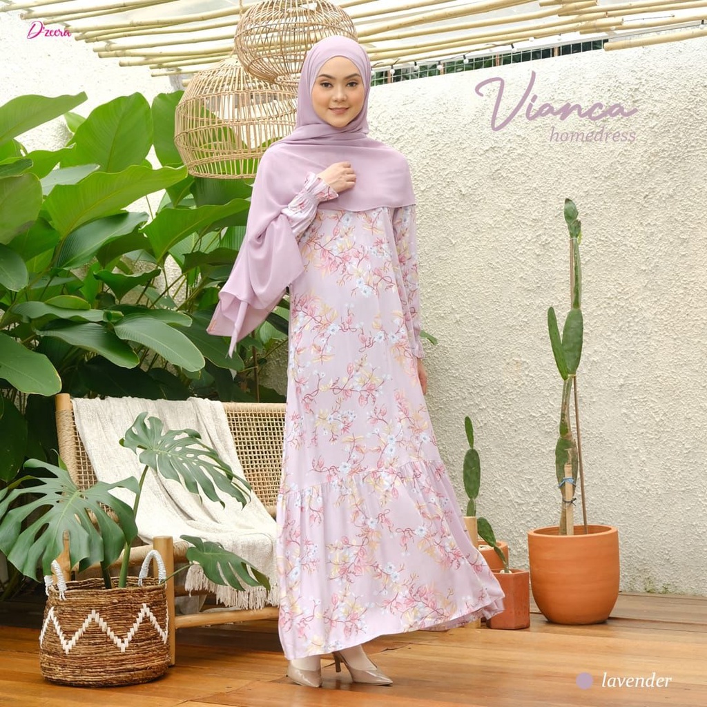 D'zeera Gamis Wanita Vianca Home Dress Motif Bunga Size L Warna Lavender Terbaru Bahan Rayon Viscose