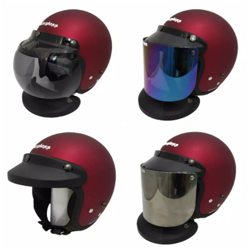 Helm Cargloss original Retro Merah Maroon Doff Set Kaca Datar Kaca Cembung