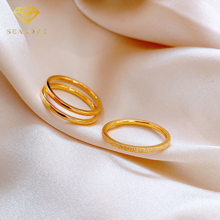 Set dari 3 Cincin Titanium Wanita Anti Karat Asli simple Premium Emas 18K Korea Aksesoris Wanita