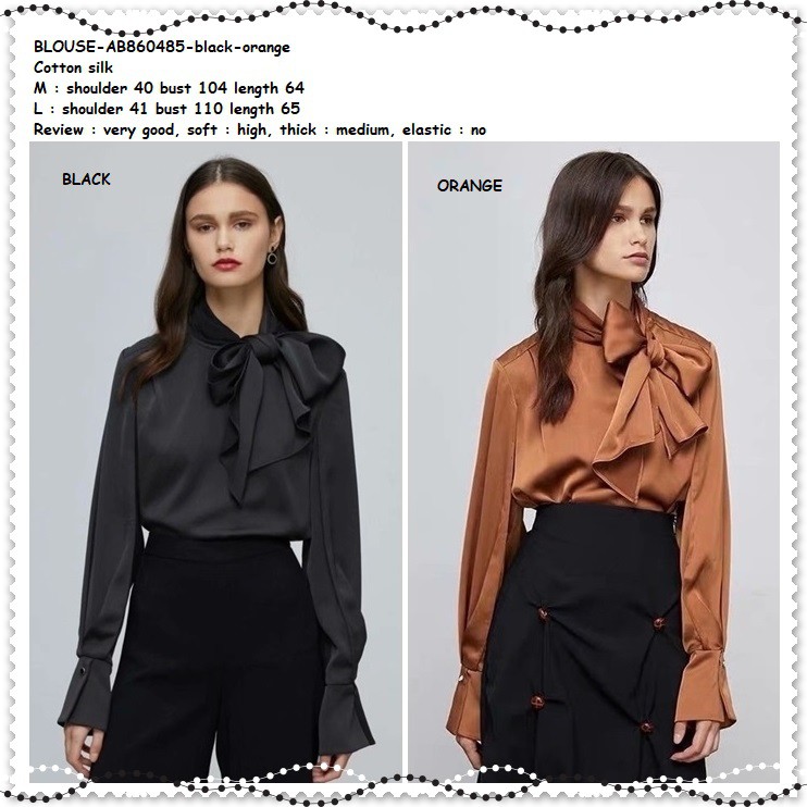 AB860485 Baju Atasan Kerja Kemeja Pita Silk Blouse Wanita Korea Import Hitam Orange Black Oren Sutra