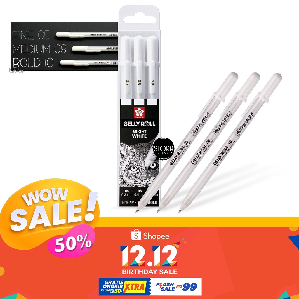 

Sakura Gelly Roll White Pen Set 3 Gel ink Pens Bolpen Gel Tinta Putih