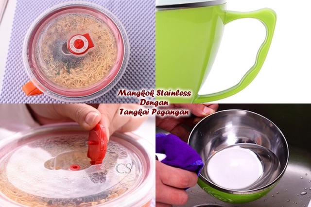 Stainless bowl dengan tangkai pegangan mangkok stainles dgn tutup