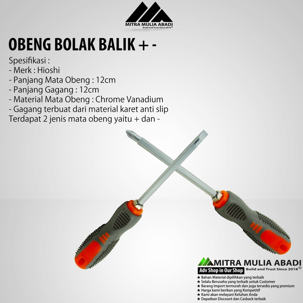 Obeng Bolak Balik Plus Minus Premium Hioshi Stainless Steel SUS-304 | Gagang Karet 8 Inch