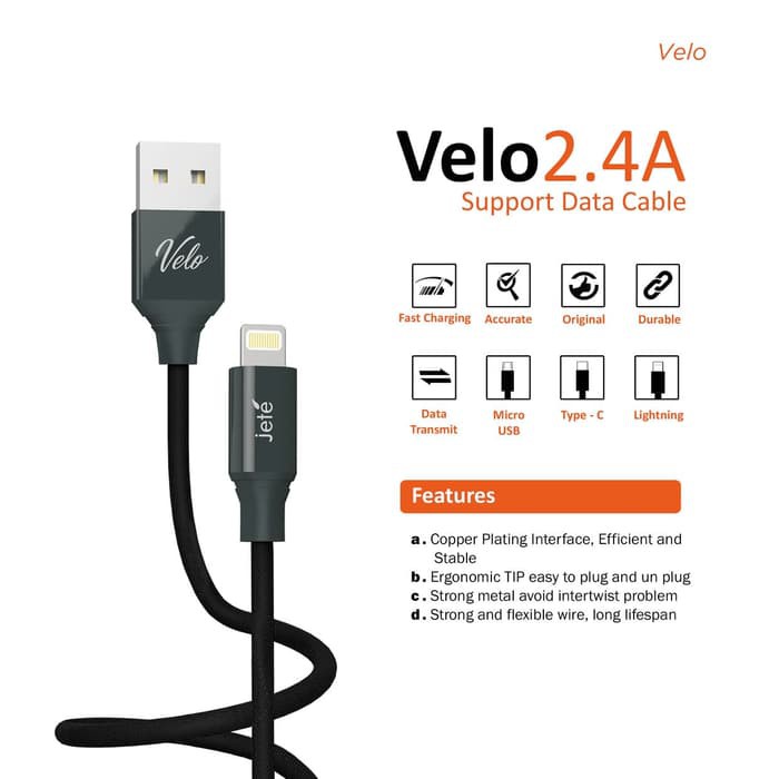 JETE VELO KABEL DATA CHARGER 2.4A GARANSI RESMI JETE TERMURAH