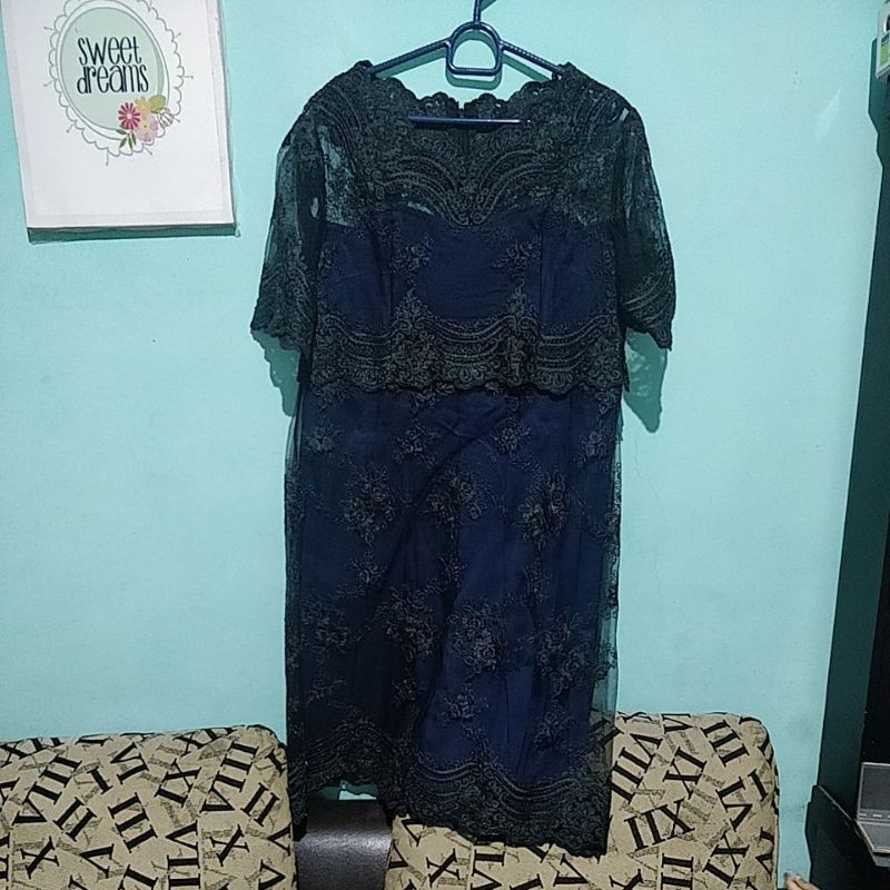 dress biru navy brukat brokat hitam big size jumbo preloved pesta