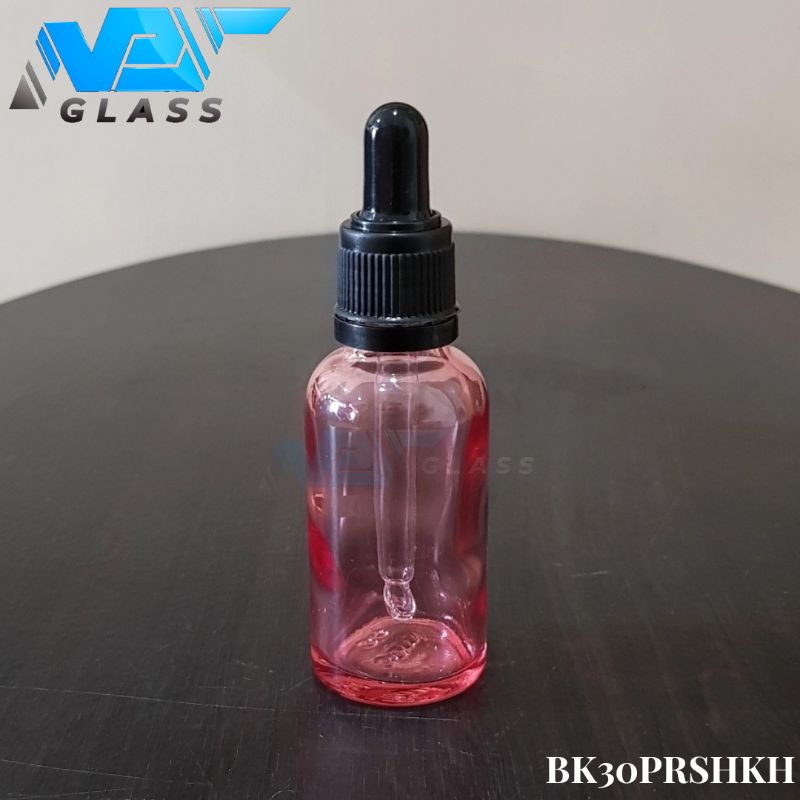 botol kaca pipet 30ml pink clear - ring segel hitam