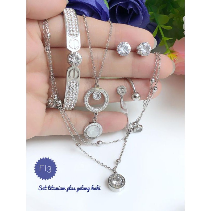 [Titanium] Set lengkap gelang kaki titanium silver gelang bangle full mata putih 140321