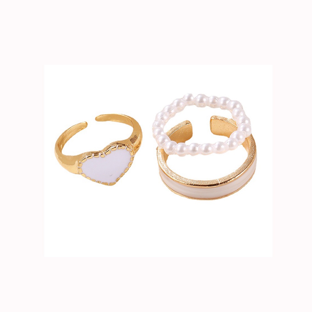 3pcs / Set Cincin Jari Elastis Adjustable Warna Emas Aksen Mutiara Bentuk Hati Untuk Wanita