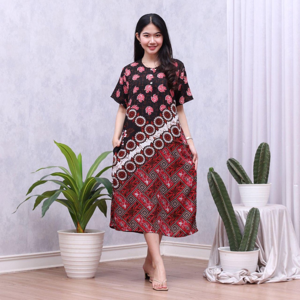 Daster Batik Lengan Pendek - Motif Daun - Leher Kancing (DPT001-133) Batik Prass-CECIL MERAH