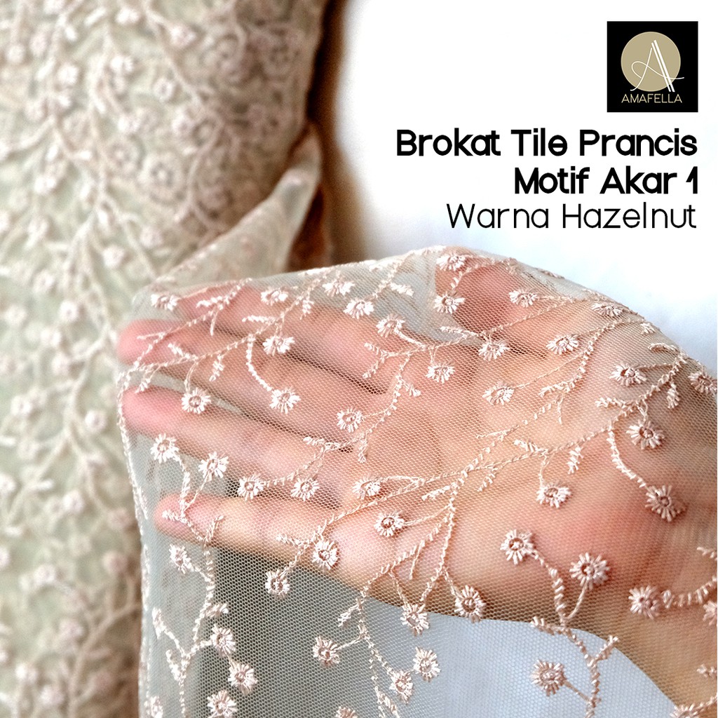 1/2 meter Kain Brokat Brukat Tile Prancis Bahan Kebaya Motif Akar Hazelnut