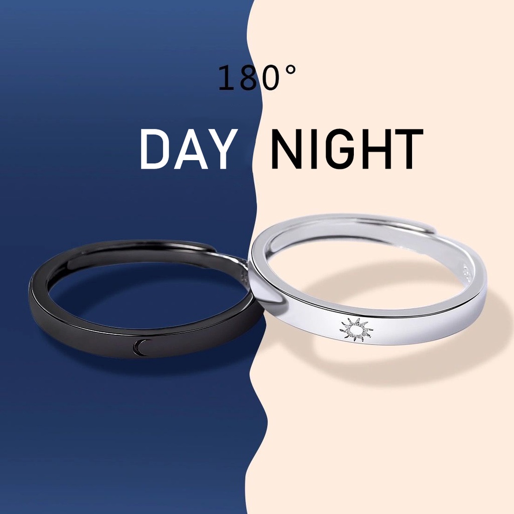 2pcs / Set Cincin Desain Bulan Bintang Matahari Warna Hitam Putih Untuk Pasangan