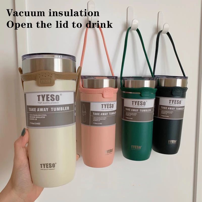 tyeso take away tumbler 100% ORIGINAL free sedotan double vacuum stainless steel coffee thermos with rope handle / botol minum portable premium quality / coffee tea tumbler