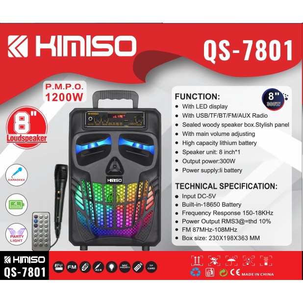 KIMISO Speaker Bluetooth LED QS 7801 8 Inchi Karaoke Portable Wireless QS-7801 8&quot;  Microphone Remote