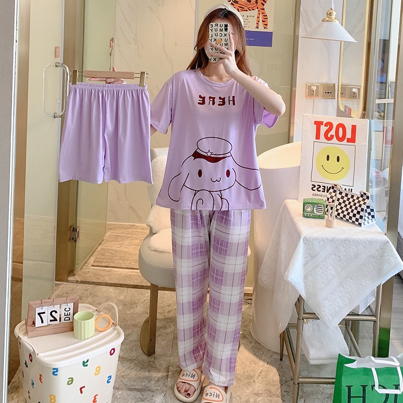 AJW Shop Piyama 3in1 | Piyama Import Dewasa | Setelan Wanita Kekinian | Baju Tidur Wanita Dewasa-Here Purple