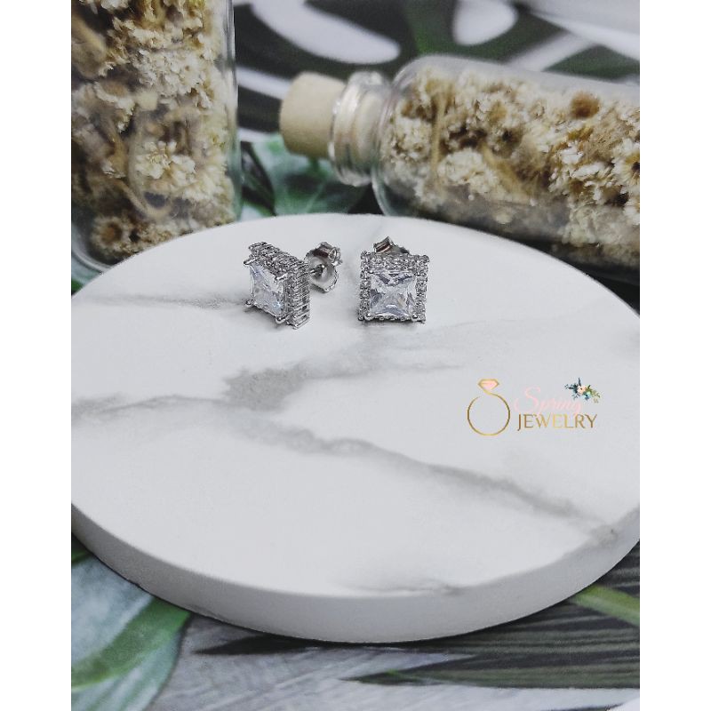 Anting Perak Wanita Giwang Lady Day Mata Kotak Full Mata+Ulir Silver 925 Asli Lapis Emas Putih