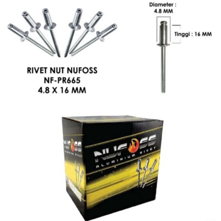 Paku Rivet 665 Isi 50pcs - Rivet Nut Nufoss 665 Ukuran 4.8 x 16 mm - Paku Rivet Nufoss 665 Size 4.8x16mm