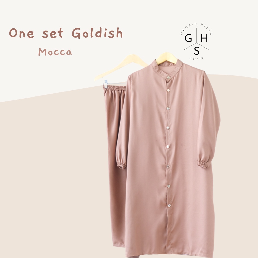 (DBY) ONE SET TUNIK GOLDISH DAILY BUSUI WANITA LONG TUNIK SET MOSCREPE-ST GOLDISH MOCCA