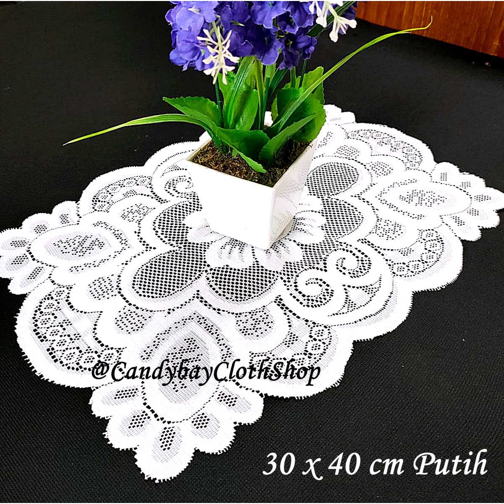 Taplak Meja Tamu Kecil Tatakan Piring Vas Bunga Kecil PUTIH 30 x 40 cm Bahan Kain Polyester Corak Bu