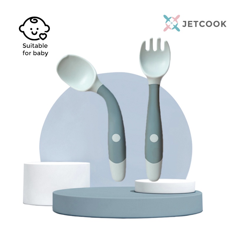 JetCook Sendok Makan Bayi Alat Makan Bayi Set Sendok Garpu Bengkok MPASI Bahan Silikon Safety Spoon Baby