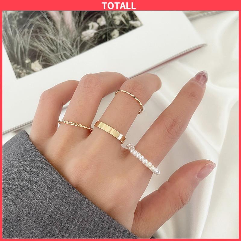 COD Korea Wanita Mutiara Cincin Wanita Emas Cincin Logam Set Fashion Perhiasan Aksesoris-Totall