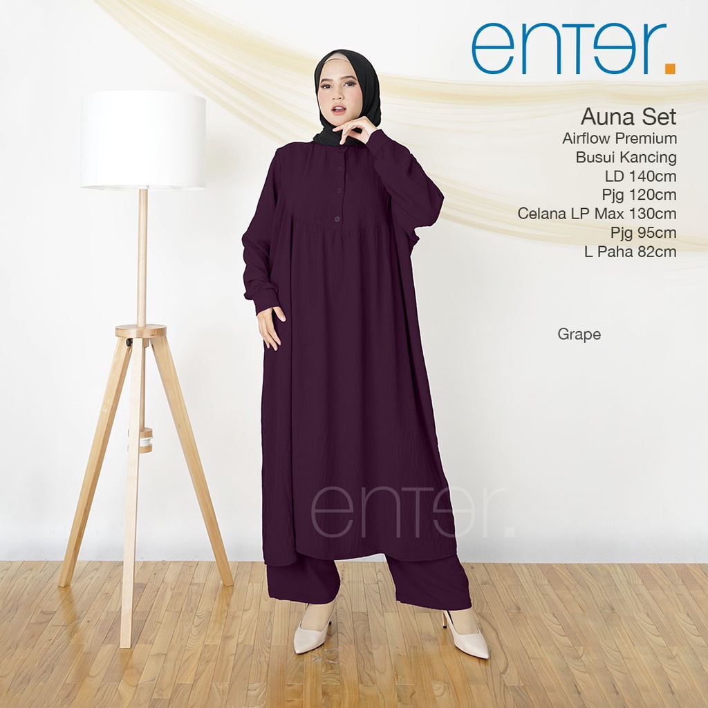 Enter Auna Set Stelan Wanita Kekinian One Set Crinkle Airflow Baju Setelan Jumbo LD 140 Setcel Long Tunik Busui-5