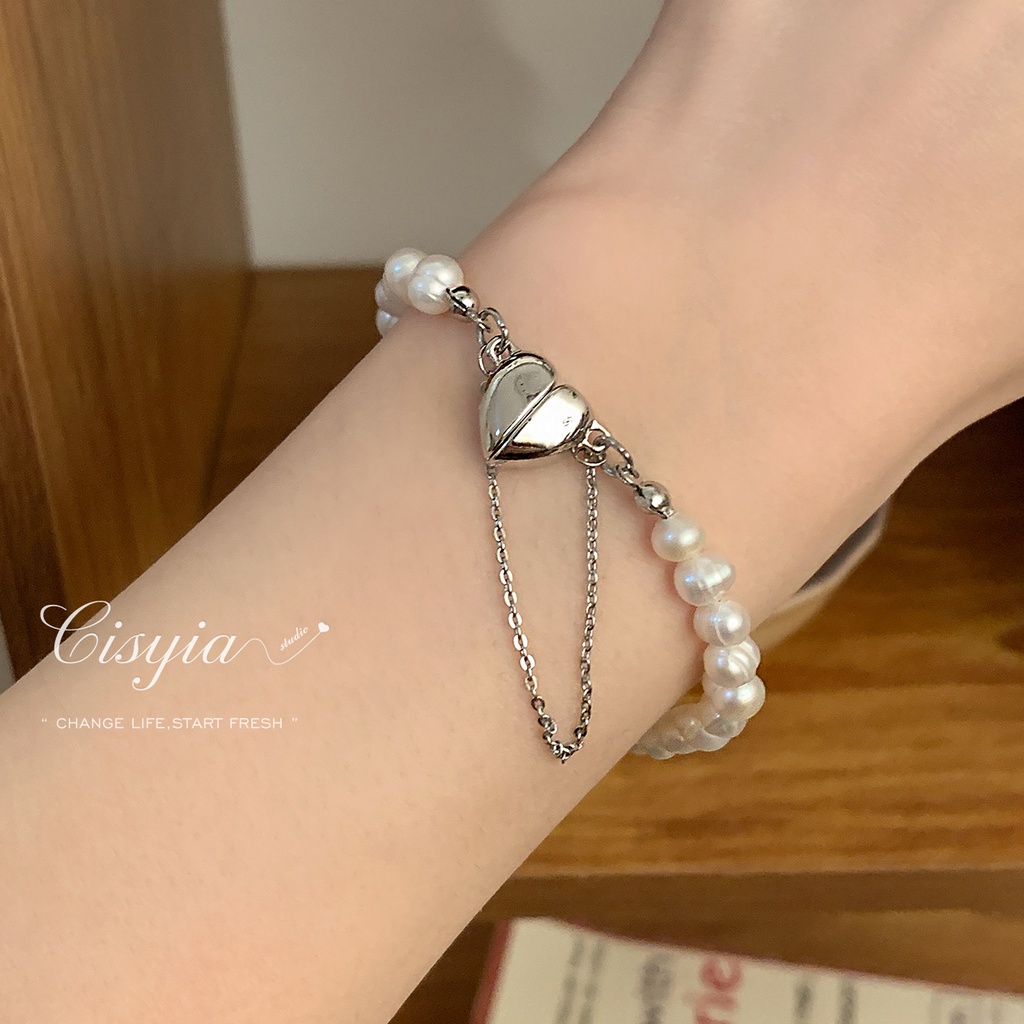 AY(CN) Gelang Rantai Manik-Manik Mutiara Hati Magnetik Warna Silver Untuk Wanita