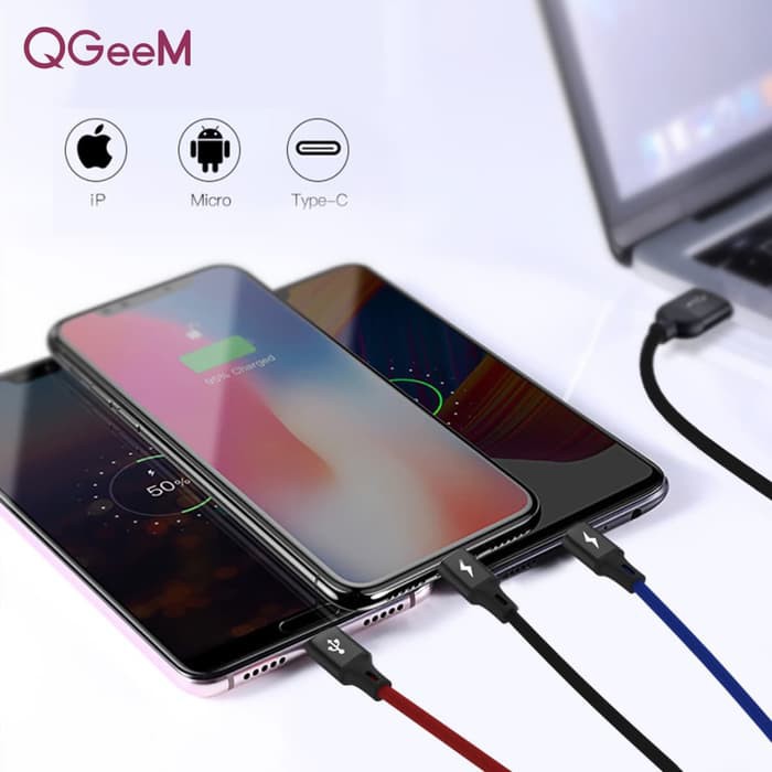 QGeeM 3in1 Kabel Data Micro USB, Type C &amp; Lightning Cable Premium